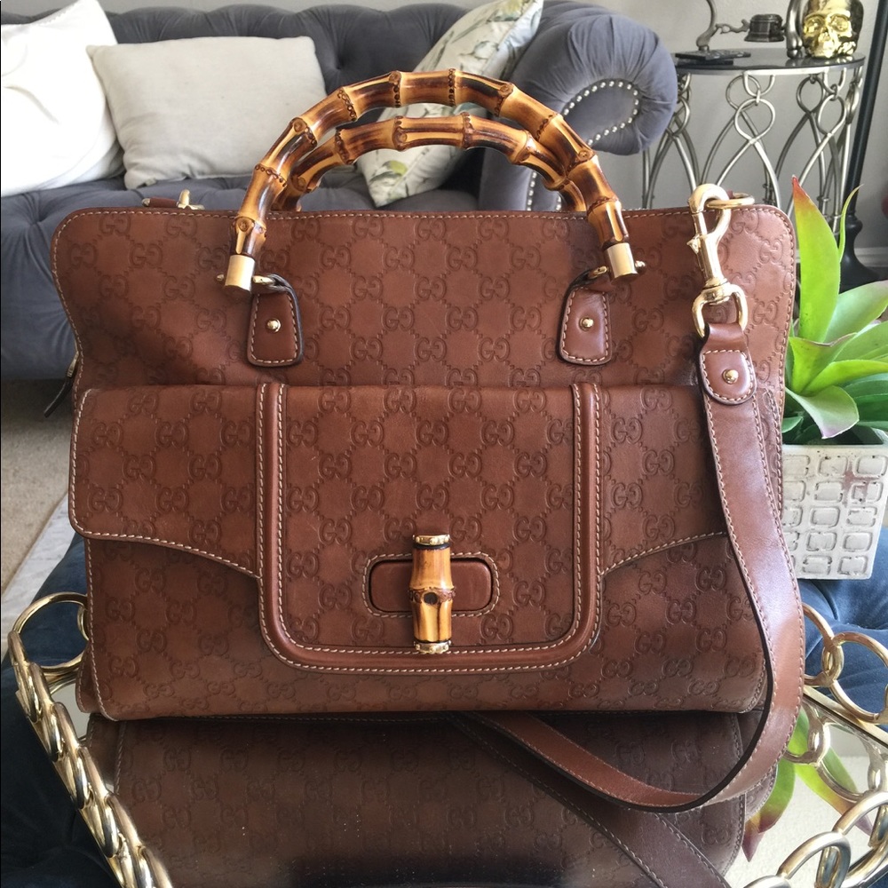GUCCI Brown Office Bag w/ Signature Bamboo Handles